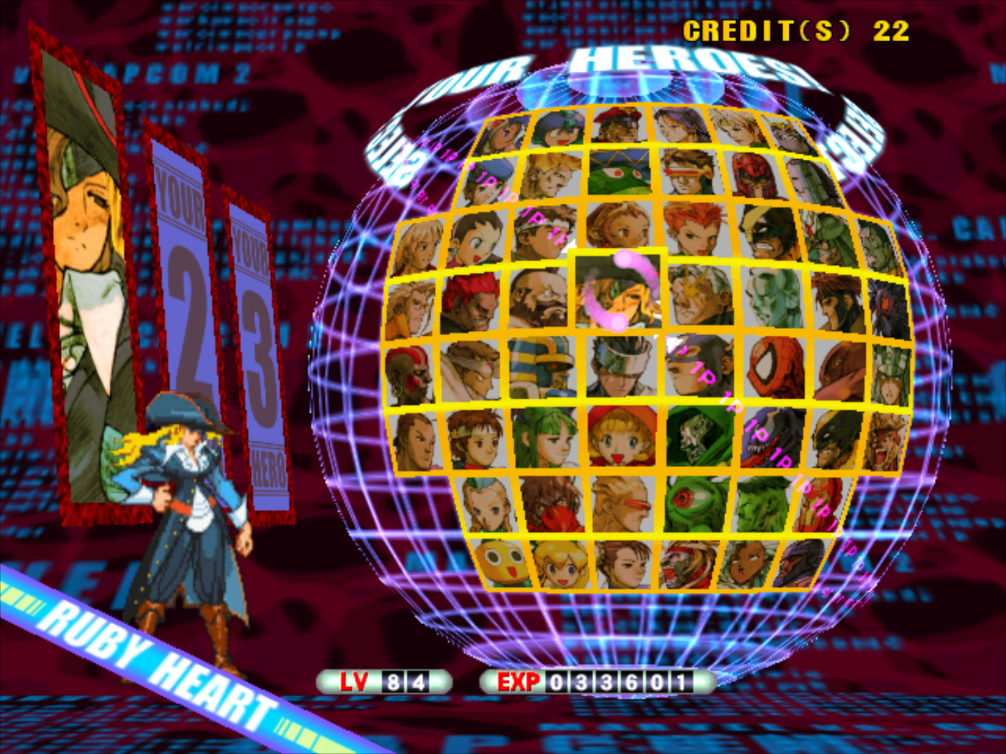 Character select screen for the arcade game Mavel Vs Capcom 2