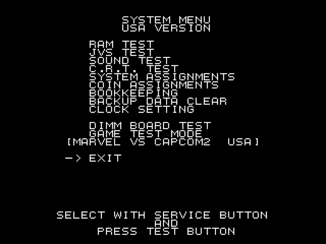 Test menu within the arcade machine
