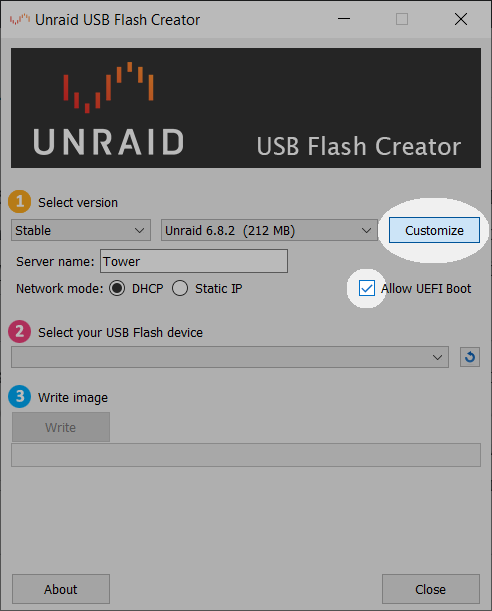 Options not to forget in the unRAID Boot Creator
